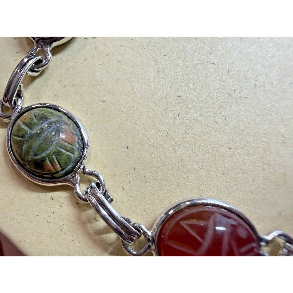 Vintage Egyptian Scarab Bracelet Signed A&Z Ster 6 Carved Stones Rare - Picture 11 of 16